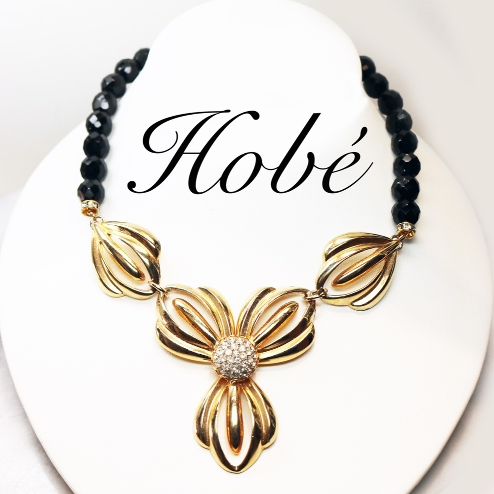 Vintage Hobé Black & Gold Floral Crystal Necklace